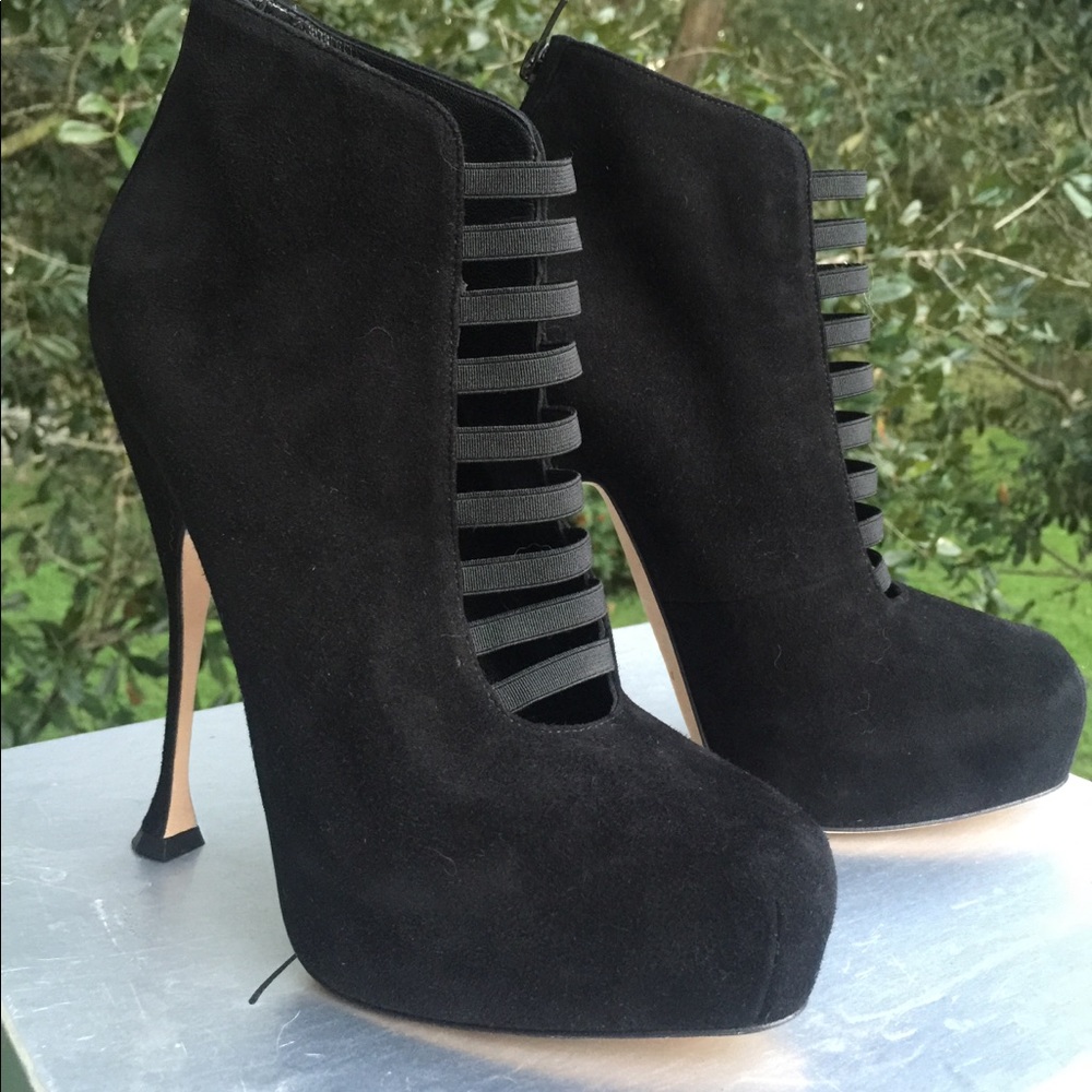 Brian Atwood black suede booties curvy heel.